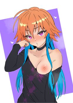 Rule 34 | 1girl, :o, black choker, black shirt, blue hair, blush, breasts, choker, collarbone, commentary request, hair between eyes, hair extensions, heart, highres, hiroshi (01kanata), idolmaster, idolmaster cinderella girls, looking at viewer, multicolored hair, ninomiya asuka, one breast out, orange hair, purple eyes, shirt, single bare shoulder, small breasts, solo, two-tone hair, upper body
