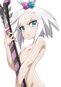 1girl ajula_wachula aqua_eyes breasts closed_mouth commentary_request eyelashes guitar hair_bobbles hair_ornament highres holding holding_instrument instrument nintendo nipples nude pokemon pokemon_bw2 roxie_(pokemon) shiny_skin small_breasts solo topknot v-shaped_eyebrows white_hair