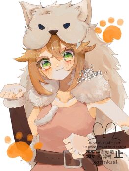 1girl animal_hat artist_name belt brown_hair closed_mouth commentary_request eyelashes green_eyes han_(hn-khk) hat highres long_hair octopath_traveler octopath_traveler_i official_alternate_costume paw_pose smile solo standing tressa_(octopath_traveler) tressa_colzione twitter_username watermark white_background