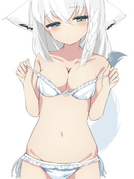 Rule 34 | 1girl, absurdres, animal ear fluff, animal ear piercing, animal ears, averting eyes, bikini, bikini day, bikini top pull, blush, braid, breasts, cowboy shot, fox ears, fox girl, fox tail, frilled bikini, frills, hair between eyes, half-closed eyes, highres, hololive, long hair, lowleg, lowleg bikini, navel, shirakami fubuki, shirayuki (snow link), side-tie bikini bottom, simple background, single braid, small breasts, solo, stomach, swimsuit, tail, virtual youtuber, w arms, white background, white bikini, white hair