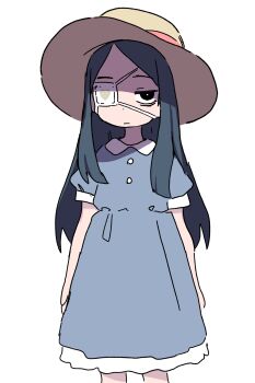 Rule 34 | 1girl, absurdres, arms at sides, black hair, blue dress, closed mouth, commentary request, dress, eyepatch, hat, highres, long hair, looking at viewer, one-eyed, orenjipiiru, original, puffy short sleeves, puffy sleeves, short sleeves, simple background, solo, standing, white background