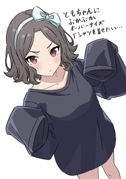 1girl :/ black_shirt blush bow bow_hairband breasts closed_mouth collarbone commentary_request cowboy_shot ebizuka_tomo foreshortening frown furrowed_brow girls_band_cry grey_hair hairband hands_up highres kousuke0912 looking_at_viewer medium_hair naked_shirt oversized_clothes parted_bangs red_eyes shirt simple_background sleeves_past_fingers sleeves_past_wrists small_breasts solo translation_request white_background white_bow white_hairband
