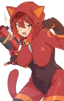 1girl :d absurdres animal_ears bell bodysuit breasts cat_ears cat_tail commission covered_erect_nipples fake_animal_ears fake_tail fang flare_gun genderswap genderswap_(otf) gloves highres holding kokuya_(kokuya28) large_breasts latex latex_bodysuit latex_gloves looking_at_viewer neck_bell open_mouth pinky_out pyro_(tf2) red_eyes red_hair red_pyro_(tf2) simple_background skin_fang smile solo tail team_fortress_2 trigger_discipline white_background zipper