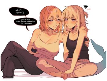 2girls absurdres alternate_costume amlichan blonde_hair blue_eyes blush breasts closed_mouth controller crossed_legs english_text fins fish_tail freckles gawr_gura grey_hair highres holding holding_remote_control hololive hololive_english large_breasts medium_hair mole mole_on_breast multiple_girls parted_lips remote_control shark_girl shark_tail small_breasts tail teeth two_side_up virtual_youtuber watson_amelia yuri