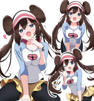 1girl absurdres black_pantyhose blue_eyes blush breasts brown_hair collarbone commentary_request donut_hair_bun double_bun flying_sweatdrops hair_bun hat heart highres large_breasts long_hair looking_at_viewer masushi_masashi multiple_views nintendo one_eye_closed open_mouth pantyhose pantyhose_under_shorts poke_ball_print pokemon pokemon_black_2_and_white_2 raglan_sleeves rosa_(pokemon) shirt shorts simple_background smile sweat twintails visor_cap white_background yellow_shorts