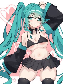 1girl absurdres aqua_eyes aqua_hair armpits arms_up bare_shoulders bikini black_bikini black_skirt black_sleeves blush breasts cleavage coco_irasuto cowboy_shot detached_sleeves hair_between_eyes hair_ornament hatsune_miku heart highres large_breasts long_hair long_sleeves looking_at_viewer midriff miniskirt navel necktie parted_lips pleated_skirt shirt skirt sleeveless sleeveless_shirt solo stomach swimsuit thick_thighs thighhighs thighs twintails very_long_hair vocaloid zettai_ryouiki