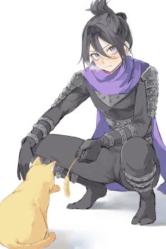 1boy animal animal_ears armor black_bodysuit black_gloves black_hair bodysuit cat cat_ears cat_tail closed_mouth commentary_request eyeliner gloves grey_eyes hair_between_eyes hair_bun highres holding looking_at_viewer makeup male_focus nihon_no_hentai one-punch_man onsoku_no_sonic purple_eyeliner purple_scarf scarf shadow short_hair shoulder_armor sidelocks simple_background squatting tail v-shaped_eyebrows white_background yellow_fur