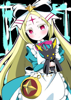 Rule 34 | 1girl, apron, aqua dress, blush, carrying, carrying person, closed mouth, commentary request, dress, flat chest, forehead tattoo, hair ribbon, highres, juliet sleeves, large ribbon, long hair, long sleeves, looking at viewer, mahou shoujo ni akogarete, morino korisu, nero alice, pink eyes, puffy sleeves, ribbon, tattoo, venalita, very long hair, wata1mo, white apron, white ribbon