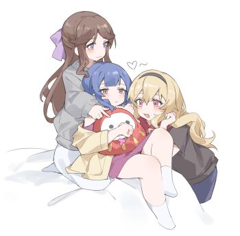 3girls :/ bed_sheet behind_another black_hairband black_shirt blonde_hair blue_hair blue_shorts blush bow brown_hair closed_mouth cropped_legs daruma_doll doll dress full_body fumi_(fyvr2372) grey_sweater hair_bow hairband half_updo hanayagi_kaoruko hand_up hands_up heart highres holding holding_doll knee_up leaning_forward long_hair long_sleeves looking_ahead looking_at_another looking_at_object medium_hair multiple_girls no_shoes off_shoulder open_clothes open_mouth open_shirt pants parted_bangs pink_eyes pointing pointing_at_object purple_bow purple_dress purple_eyes saijou_claudine sandwiched seiza shirt short_sleeves shorts shoujo_kageki_revue_starlight sidelocks simple_background sitting sleeves_past_wrists smile socks standing stuffed_toy sweater tendou_maya wavy_hair white_background white_pants white_socks yellow_eyes yellow_shirt yuri