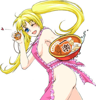 1boy 1girl ahoge apron ass bare_arms blonde_hair blue_eyes blush boo!king bowl breasts crossed_arms female_focus floating_hair food frilled_apron frills genderswap genderswap_(mtf) hand_up happy hat heart holding instant_noodles japanese_text long_hair looking_to_the_side lowres medium_breasts naked_apron naruko_(naruto) naruto_(classic) naruto_(series) noodles one_eye_closed open_mouth pink_apron ramen sexy_no_jutsu simple_background smile solo stopwatch teuchi_(naruto) timer tongue translation_request twintails uzumaki_naruto waitress walking watch white_background wink
