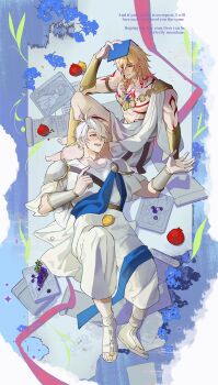 Rule 34 | 2boys, abs, absurdres, ancient greek clothes, antenna hair, arm tattoo, armlet, armor, blonde hair, blue eyes, braid, chest tattoo, chiton, earrings, facial tattoo, gold earrings, gold necklace, gold vambraces, gomi0421, gradient hair, greco-roman clothes, hashtag-only commentary, highres, honkai: star rail, honkai (series), jewelry, lap pillow, male focus, medium hair, multicolored hair, multiple boys, mydei (honkai: star rail), necklace, parted bangs, pauldrons, phainon (honkai: star rail), red hair, red tattoo, short hair, shoulder armor, side braid, single pauldron, tattoo, toned, toned male, white hair, yaoi, yellow eyes