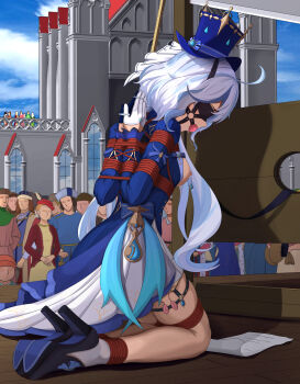 1girl absurdres ahoge arms_behind_back asymmetrical_gloves ball_gag bdsm black_gloves blindfold blue_gemstone blue_hair blue_hat blue_jacket bondage bound bound_ankles bound_arms bound_breasts bound_fingers bound_legs bound_thighs bound_thumbs bound_torso bound_wrists breasts breasts_out chinese_commentary commentary_request cowlick crowd drooling egg_vibrator execution female_focus forced_orgasm from_behind furina_(genshin_impact) gag gag_harness gagged gem genshin_impact gloves guillotine hat highres imminent_death jacket kneeling lactation lactation_through_clothes long_hair long_sleeves mismatched_gloves multicolored_hair nipple_piercing nipples ouji_fashion outdoors piercing pussy_juice red_rope restrained reverse_prayer rope saliva saliva_trail sex_toy shibari shibari_over_clothes shoe_soles skindentation solo_focus streaked_hair top_hat variant_set vibrator vibrator_in_thigh_strap wanliu white_gloves white_hair wiffle_gag