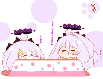 Rule 34 | 1girl, ahoge, blue archive, blush, chibi, closed eyes, commentary request, grey hair, hair between eyes, hair ornament, hairclip, halo, hina (blue archive), horns, kotatsu, kurukurumagical, long hair, parted lips, single hair intake, table, translation request, very long hair, white background