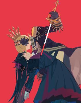 Rule 34 | 2girls, black gloves, black hair, black jacket, black shirt, black skirt, blonde hair, carrying, carrying person, closed mouth, commentary request, crown, epaulettes, flower, gloves, hair flower, hair ornament, hasumi leia, highres, holding, holding another's waist, holding sword, holding weapon, impaled, jacket, leaning back, leaning forward, long hair, long sleeves, mahou shoujo no majo saiban, multiple girls, nikaido hiro, pleated skirt, rapier, red background, red eyes, red flower, sash, shirt, short hair, shoulder sash, simple background, skirt, soramame (corndog), standing, sword, weapon