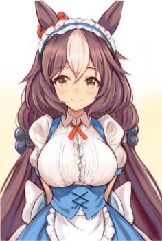 1girl alternate_costume animal_ears arms_behind_back breasts brown_eyes brown_hair button_gap closed_mouth commentary_request enmaided gradient_background horse_ears horse_girl large_breasts long_hair looking_at_viewer low_twintails maid maid_headdress multicolored_hair nannacy7 smile solo streaked_hair twintails umamusume white_background white_hair yamanin_zephyr_(umamusume) yellow_background