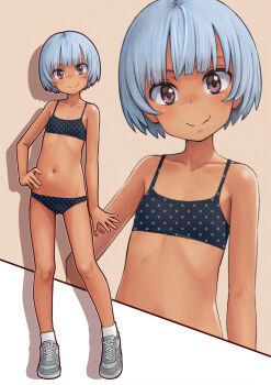 1girl arm_at_side bare_shoulders black_bra black_panties blunt_bangs bra brown_eyes collarbone commentary_request dark-skinned_female dark_skin fang female_focus flat_chest full_body grey_hair grey_shoes hand_on_own_hip head_tilt highres kakinomai loli looking_at_viewer navel original panties polka_dot polka_dot_bra polka_dot_panties purple_eyes shoes short_hair simple_background skin_fang smile socks solo stomach training_bra underwear underwear_only unmoving_pattern white_shoes zoom_layer