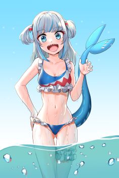 1girl bikini blue_bikini blue_eyes blue_hair blue_nails blue_sky blush breasts claw_pose collarbone day dot_nose feet_out_of_frame female_focus fingernails fins fish_tail frilled_bikini frills gawr_gura grey_hair hand_on_own_hip hand_up hololive hololive_english long_hair looking_at_viewer medium_breasts multicolored_bikini multicolored_hair nail_polish navel nico-mo ocean open_mouth outdoors petite shark_girl shark_tail sharp_teeth sky smile solo standing streaked_hair swimsuit tail teeth tongue two-tone_bikini two_side_up virtual_youtuber water white_bikini