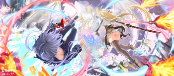 1girl 2girls absurdres aqua_eyes ass blonde_hair blue-eyes_ultimate_spirit_dragon blue_eyes dragon dragon_wings duel_monster fire gloves gogosuisui grey_hair highres holding holding_weapon long_hair long_sleeves multiple_girls multiple_heads necktie no_panties open_mouth single_bare_shoulder sky_striker_ace_-_raye sky_striker_ace_-_roze sword thighhighs weapon wings yu-gi-oh!