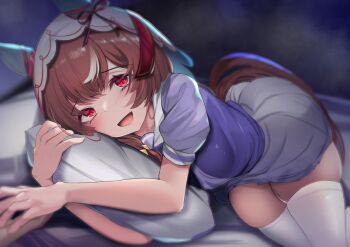 1girl animal_ears blush brown_hair highres horse_ears horse_girl horse_tail hugging_object long_hair looking_at_viewer lying on_side open_mouth pillow pillow_hug purple_shirt red_eyes school_uniform shirt short_sleeves skirt solo still_in_love_(umamusume) tail tamano_nae thighhighs tracen_school_uniform umamusume veil white_skirt white_thighhighs white_veil