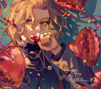 Rule 34 | 1boy, ahoi, balloon, blonde hair, blue background, blue jacket, commentary request, hair between eyes, hand up, happy valentine, heart, heart balloon, highres, holding, holding heart, jacket, long sleeves, male focus, parted lips, purple eyes, sano manjirou, short hair, signature, solo, tokyo revengers, upper body, valentine