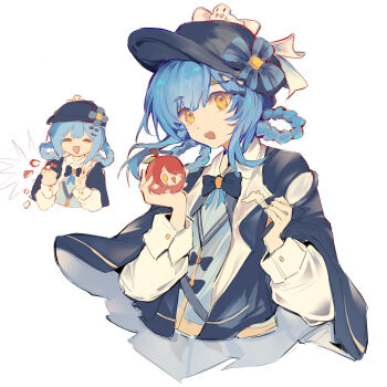 2girls apple arknights black_capelet black_hat blue_hair braid braided_hair_rings capelet chinese_commentary commentary_request crossover crushing_food deerstalker exusiai_(arknights) food fruit hair_rings hat highres holding holding_food holding_fruit holding_magnifying_glass long_sleeves looking_at_viewer magnifying_glass mahou_shoujo_no_majo_saiban mini_person minigirl multiple_girls multiple_views open_mouth short_hair simple_background smile tachibana_sherry white_background yellow_eyes zhuizhu_yuanye
