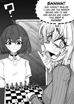 2girls ? @_@ artist_name bags_under_eyes board_game breasts cheating_(competitive) chess choker commentary elise_(nhim) english_commentary english_text fang greyscale highres large_breasts long_hair looking_at_viewer mimi_(nhim) mirror monochrome multiple_girls nhim original profanity skin_fang small_breasts sweatdrop sweater whispering