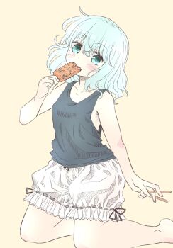 Rule 34 | 1girl, alternate costume, aqua eyes, aqua hair, black shirt, bloomers, blush, commentary, eating, food, highres, ice cream, komeiji koishi, looking at viewer, naegi (naegidokoro), missing headwear, ribbon-trimmed underwear, ribbon trim, shirt, simple background, solo, touhou, underwear, wavy hair, yellow background