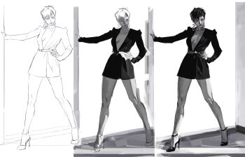 1girl breasts earrings female_focus heel_up jewelry large_breasts long_sleeves red_eyes redeye_rei short_hair skirt standing the_king_of_fighters thick_thighs thighs vice_(kof) wide_hips