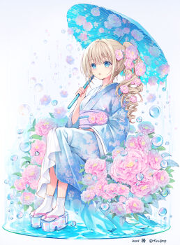 1girl blonde_hair blue_eyes blue_kimono breasts commentary_request floral_print floral_print_kimono flower hair_flower hair_ornament highres holding holding_umbrella japanese_clothes kimono long_hair long_sleeves maya_(tirolpop) open_mouth original parasol platform_sandals print_kimono sandals sash sitting socks solo tabi umbrella water_drop white_socks