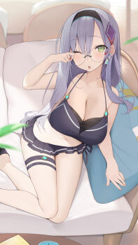 absurdres breasts glasses green_eyes grey_hair hair_ornament hairband heaven_burns_red highres izumi_yuki_(heaven_burns_red) large_breasts long_hair navel one_eye_closed rubbing_eyes shin_no_tenpii swimsuit thigh_strap