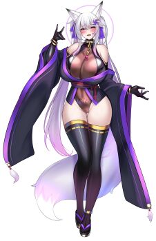 Rule 34 | 1girl, absurdres, animal ears, bare shoulders, black veil, blush, breasts, collar, corruption, detached sleeves, facial tattoo, fox ears, fox shadow puppet, fox tail, hair ornament, highleg, highleg leotard, highres, huge breasts, kutan, leotard, long hair, looking at viewer, mizuki (kutan), mouth veil, naughty face, original, pinwheel, pinwheel hair ornament, pubic tattoo, purple eyes, seductive smile, see-through clothes, see-through leotard, see-through veil, smile, solo, tail, tattoo, thighhighs, veil, white hair, wide sleeves