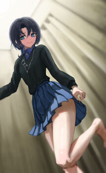 Rule 34 | 1girl, absurdres, black hair, black nails, black sweater, blue eyes, blue hair, blue shirt, blue skirt, blush, changing room, closed mouth, collared shirt, colored inner hair, failose, highres, hiodoshi ao, hiodoshi ao (1st costume), hololive, hololive dev is, indoors, jewelry, medium hair, mole, mole under mouth, multicolored hair, necklace, shirt, skirt, solo, sweater, v-neck, virtual youtuber, wolf cut