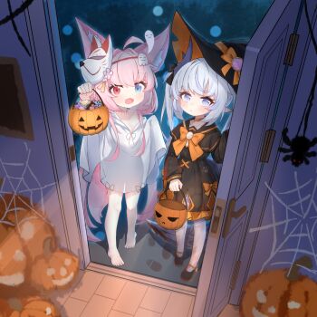 Rule 34 | 2girls, absurdres, ahoge, animal ear fluff, animal ears, barefoot, black dress, black hat, blue eyes, blush, buriko, closed mouth, commentary, dot mouth, dragon girl, dragon horns, dragon tail, dress, eyebrows hidden by hair, fang, flat chest, footprints, fox ears, fox girl, fox mask, fox tail, full body, ghost costume, halloween, halloween bucket, halloween costume, hat, heterochromia, highres, horns, indie virtual youtuber, long hair, looking at viewer, mask, mask on head, multiple girls, nagato youko, open door, open mouth, original, pointy ears, red eyes, smile, tail, toes, very long hair, witch, witch hat