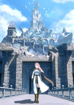 1girl 3d antel_1811 arch arms_at_sides belt bishop_(chess) black_belt black_boots black_cape black_gloves black_shorts blender_(medium) blue_sky boots cape castle chess_piece clenched_hand closed_mouth cloud coat commentary_request day double-parted_bangs full_body gloves grand_scale highres king_(chess) knight_(chess) long_hair long_sleeves original outdoors pawn_(chess) pink_hair red_eyes scenery shadow shorts sky solo split_mouth straight-on v-shaped_eyebrows walking white_coat