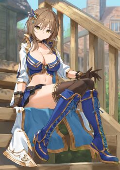 1girl adelite_(brave_girl_ravens) arm_support black_thighhighs blue_boots blue_gemstone blue_skirt blue_sky boots brave_girl_ravens breasts brown_gloves brown_hair building cape choker cleavage closed_mouth collarbone commentary_request commission criss-cross_strings crop_top day diamond_(shape) gem gloves gold_trim hair_between_eyes hair_ornament high_heel_boots high_heels highres house jacket kamo_ashi knee_boots large_breasts long_sleeves looking_at_viewer medium_hair midriff navel outdoors sidelocks sitting sitting_on_stairs skeb_commission skirt sky smile solo stairs thighhighs thighs three-quarter_sleeves two-sided_cape two-sided_fabric white_jacket yellow_eyes