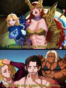 2girls abs angela_(marvel) armor ben_grimm blonde_hair blue_bodysuit blue_eyes bodypaint bodysuit breasts dress fantastic_four highres johnny_storm large_breasts long_hair looking_at_viewer marvel marvel_rivals metal_bra multicolored_bodysuit multiple_girls muscular muscular_female navel opalis red_hair reed_richards smile sue_storm superhero_costume thor_(marvel)_(series) two-tone_bodysuit