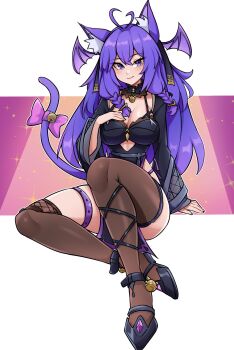 1girl animal_ear_fluff animal_ears antenna_hair bell black_dress black_shoes bow braid breasts brown_thighhighs cat_ears cat_girl cat_tail closed_mouth commentary commission double-parted_bangs dress english_commentary full_body hair_between_eyes hand_on_own_chest head_wings highres large_breasts long_hair long_sleeves looking_at_viewer oninuer original pink_bow purple_eyes purple_hair shoes sitting smile solo tail tail_bell tail_bow tail_ornament thighhighs twin_braids white_background wings