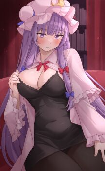 1girl :/ absurdres blush bookshelf bow breasts cleavage closed_mouth commentary_request cowboy_shot crescent crescent_hat_ornament hair_bow hat hat_ornament highres indoors large_breasts light_frown long_hair long_sleeves looking_at_viewer mob_cap open_clothes paid_reward_available pantyhose patchouli_knowledge purple_eyes purple_hair ramie_(ramie541) solo touhou v-shaped_eyebrows very_long_hair