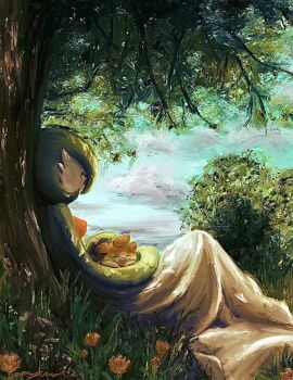 1other blue_sky closed_eyes cloud colored_skin flower gardevoir gen_3_pokemon green_hair green_skin gyura holding holding_pokemon multicolored_skin nintendo open_mouth outdoors pawmi pokemon pokemon_(creature) pokemon_focus red_eyes sitting sky smile tree two-tone_skin under_tree white_skin