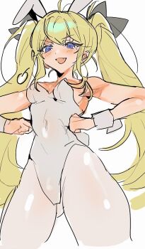 Rule 34 | 1girl, :d, animal ears, blonde hair, blue eyes, blush, breasts, fake animal ears, fang, from below, gluteal fold, goddess of victory: nikke, hands on own hips, highres, laplace (nikke), leotard, long hair, medium breasts, mimlmi, open mouth, pantyhose, playboy bunny, rabbit ears, smile, twintails, white leotard, white pantyhose