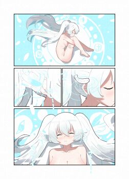 1girl absurdres animal_ears bird_ears blush breasts commentary_request feathers genkyopainting harpy highres large_breasts long_hair magic_circle monster_girl nude original transformation twintails very_long_hair white_feathers white_hair