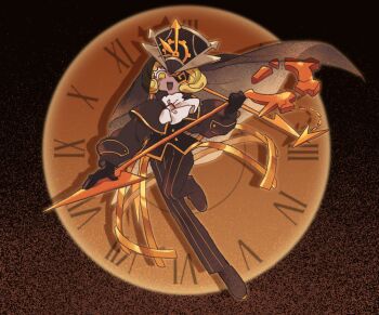 Rule 34 | 1girl, :d, @ @, alternate hair length, alternate hairstyle, analogous colors, arrow (projectile), ascot, black background, black capelet, black gloves, black headdress, black pants, black shoes, black vest, blonde hair, bob cut, brown background, brown theme, buttons, capelet, clock, cookie run, cookie run: ovenbreak, dark-skinned female, dark skin, dithered background, dot nose, downturned eyes, drop shadow, eyepatch, floating, full body, gloves, gold trim, gradient background, hand on blade, highres, holding, holding weapon, huge weapon, knee up, knees together feet apart, long sleeves, open mouth, outline, pants, payage, pinstripe pants, pinstripe pattern, puffy long sleeves, puffy sleeves, shoes, short hair, smile, solo, timekeeper cookie, timekeeper cookie (ruler of the ephemeral flow), veil, vest, weapon, white ascot, wind, yellow eyes