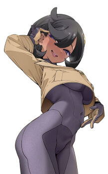 1girl black_hair bodysuit breasts brown_coat brown_gloves coat commentary_request covered_navel emma_(pokemon) gloves hayashi_(l8poushou) highres long_sleeves looking_at_viewer medium_breasts nintendo open_mouth pokemon pokemon_legends:_z-a purple_bodysuit purple_eyes purple_gloves short_hair simple_background smile solo standing teeth two-tone_gloves upper_teeth_only white_background