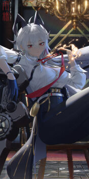 1girl adjusting_clothes adjusting_necktie ahoge black_choker black_gloves black_horns black_pants black_shoes breasts button_gap chest_harness choker closed_mouth collared_shirt crossed_legs curled_horns gloves grey_hair hair_between_eyes harness high-waist_pants high_heels highres horns indoors large_breasts long_hair looking_at_viewer missing_commentary multicolored_hair necktie pants rain_sama red_eyes red_necktie shield shirt shirt_tucked_in shoes solo streaked_hair tight_clothes tight_pants white_shirt wuthering_waves zani_(wuthering_waves)