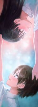 1boy 1girl absurdres black_hair blush boku_no_kokoro_no_yabai_yatsu brown_eyes collared_shirt from_side headpat hetero highres ichikawa_kyoutarou long_hair looking_at_another looking_at_viewer meiax mole mole_on_neck open_mouth profile shirt short_hair short_sleeves upper_body white_shirt yamada_anna