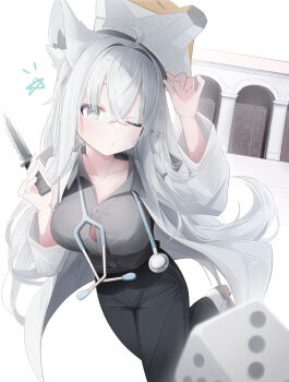 1girl absurdres ahoge animal_ear_fluff animal_ears black_pants blush braid breasts coat collarbone commentary_request dice earrings fox_ears fox_girl fox_mask green_eyes grey_shirt hair_between_eyes highres holding holding_knife hololive hololive_grand_theft_auto jewelry knife lab_coat leg_up long_hair looking_at_viewer mask mask_on_head medium_breasts one_eye_closed open_clothes open_coat pants pentagram rararirara shirakami_fubuki shirt sidelocks single_braid solo stethoscope virtual_youtuber white_hair