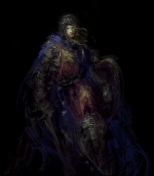 1girl a_song_of_ice_and_fire absurdres all_lee24 armor black_background blonde_hair blue_eyes breastplate brienne_of_tarth chainmail elden_ring full_armor gauntlets graphite_(medium) greaves highres holding holding_sword holding_weapon long_hair looking_at_viewer pauldrons shoulder_armor simple_background solo sword traditional_media vambraces weapon