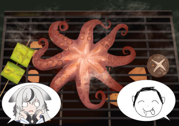1boy 1girl :p animal_ears black_hair black_ribbon blue_archive chinese_commentary closed_mouth commentary cooking doodle_sensei_(blue_archive) drooling fengxue floppy_ears grey_hair grill grilling hair_ribbon hands_up highres holding holding_own_hair kokona_(blue_archive) long_hair mouth_drool multicolored_hair o_o octopus open_mouth portrait ribbon sensei_(blue_archive) sidelocks smile speech_bubble spoken_character steam streaked_hair tearing_up tiger_ears tongue tongue_out