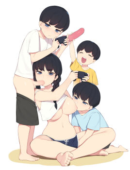 1girl 3boys age_difference akiyama_fumika_(pepper0) akiyama_minato_(pepper0) akiyama_toru_(pepper0) akiyama_yuto_(pepper0) armpits barefoot black_hair blue_eyes blush breast_sucking breasts brother_and_sister brothers censored clothes_lift dildo drooling fellatio fingering fingering_through_clothes full_body hetero highres incest large_breasts large_penis mosaic_censoring multiple_boys multitasking navel oral original penis pepper0 sex_toy shirt_lift shota siblings size_difference sleeveless through_clothes
