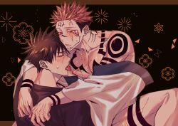 Rule 34 | 2boys, absurdres, arm tattoo, azukiharuta ju, black background, black hair, black sweater, blush, chest tattoo, closed eyes, closed mouth, collarbone, extra eyes, facial tattoo, feet out of frame, floral background, forehead tattoo, fushiguro megumi, highres, jujutsu kaisen, licking another&#039;s chest, light frown, male focus, multiple boys, nipples, pectorals, pink hair, red eyes, robe, ryoumen sukuna (jujutsu kaisen), short hair, sparkle background, sweatdrop, sweater, tattoo, undercut, undressing, upper body, white robe, yaoi